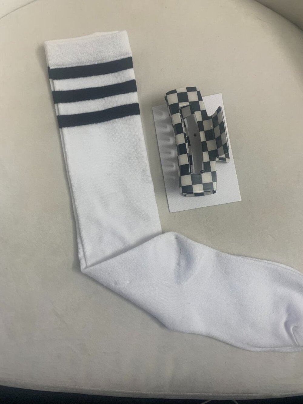 White Striped Socks and Checkered Hair Claw Clip